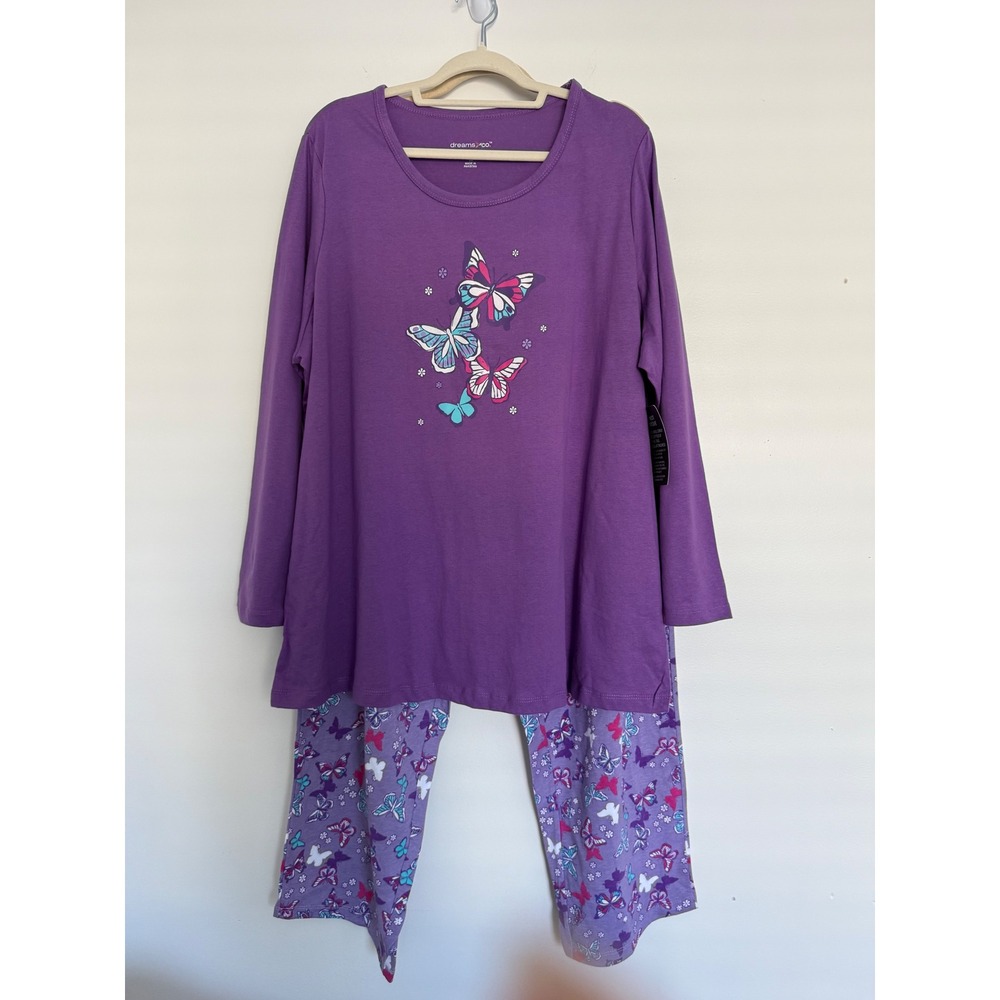 NWT Dreams Co Womens 2 Pc Pant Pajamas‎ 22/24 1X Purple Butterflies Long Sleeves